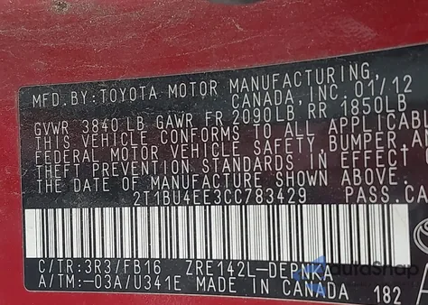 2012 Toyota Corolla Le z USA, uszkodzony, nr VIN 2T1BU4EE3CC783429